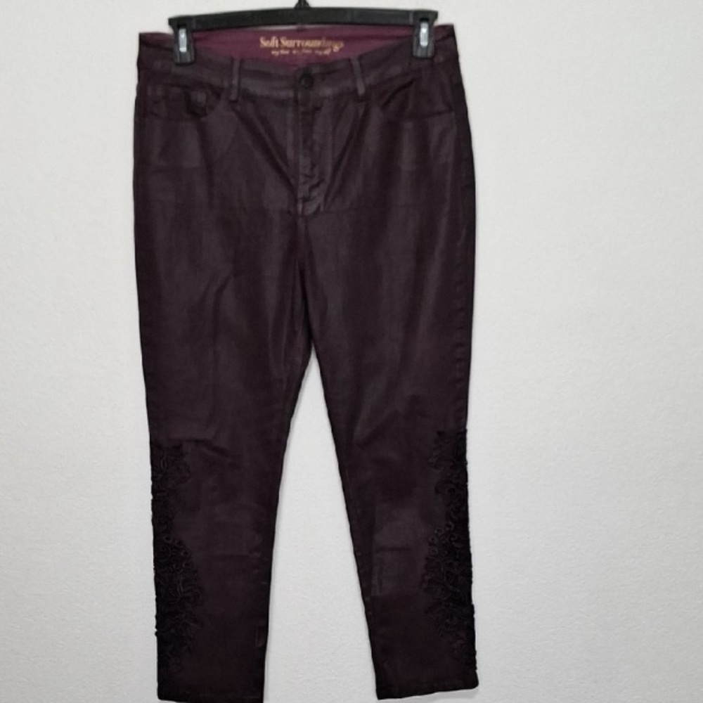 Soft Surroundings Plum Carrara Floral Applique Coated Straight Leg Pants Sz 12P